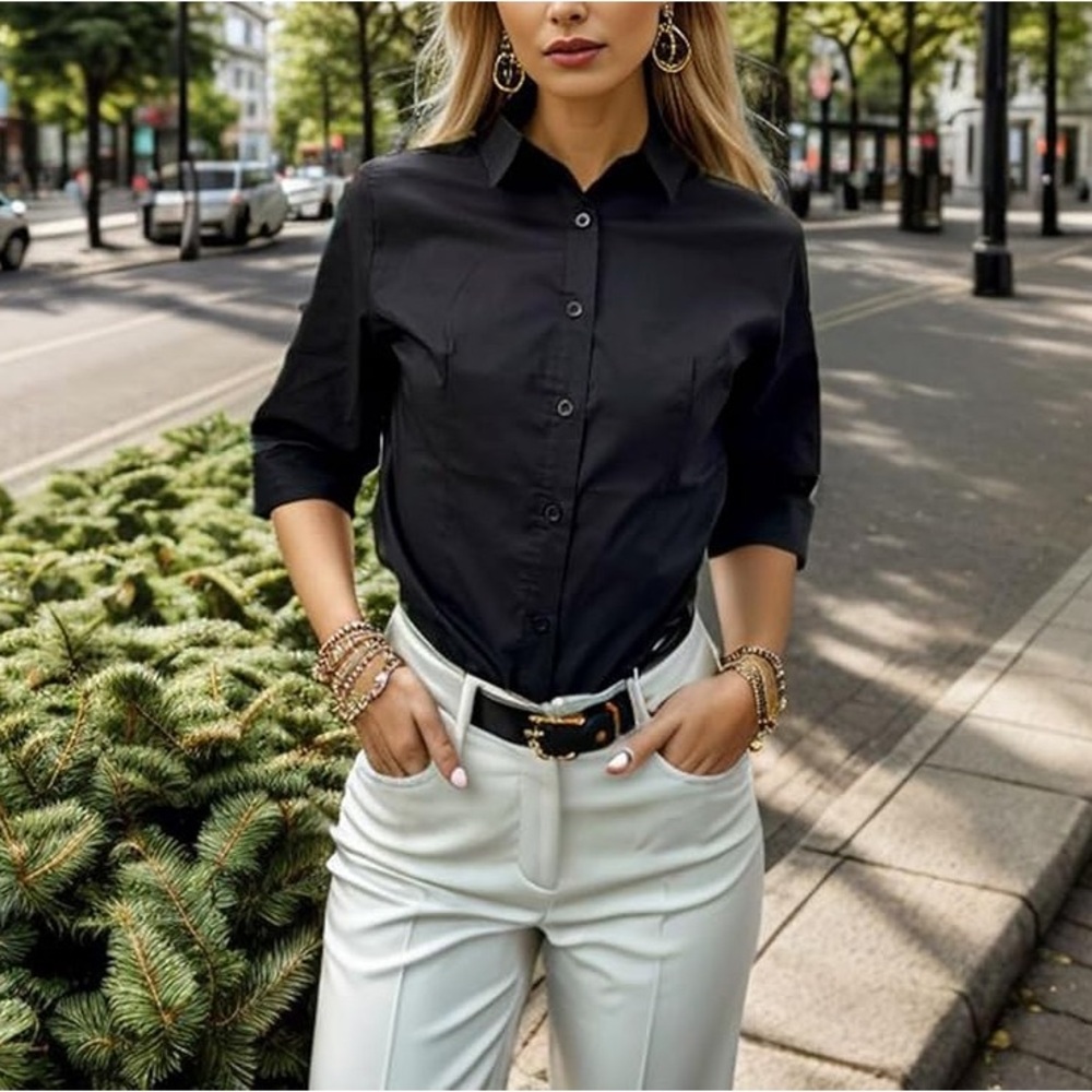 Façonnable Wool Button Down Shirt Black Size Small Women’s Minimalist Facconable